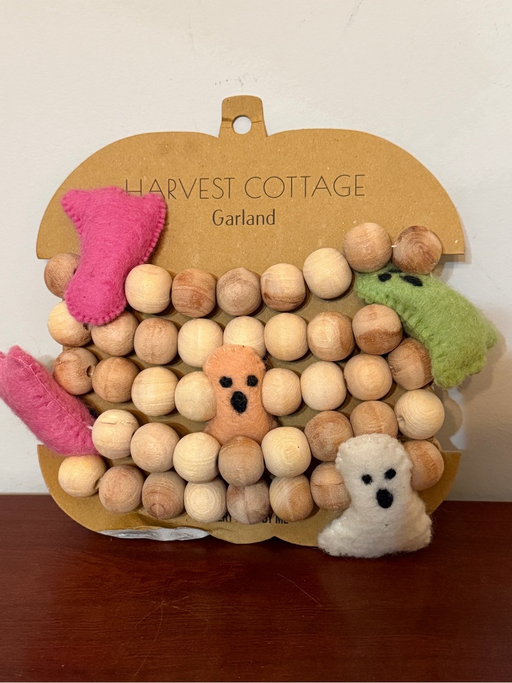 6ft Halloween Wooden Bead Garland Decor w/ Felt Ghosts Harvest Cottage